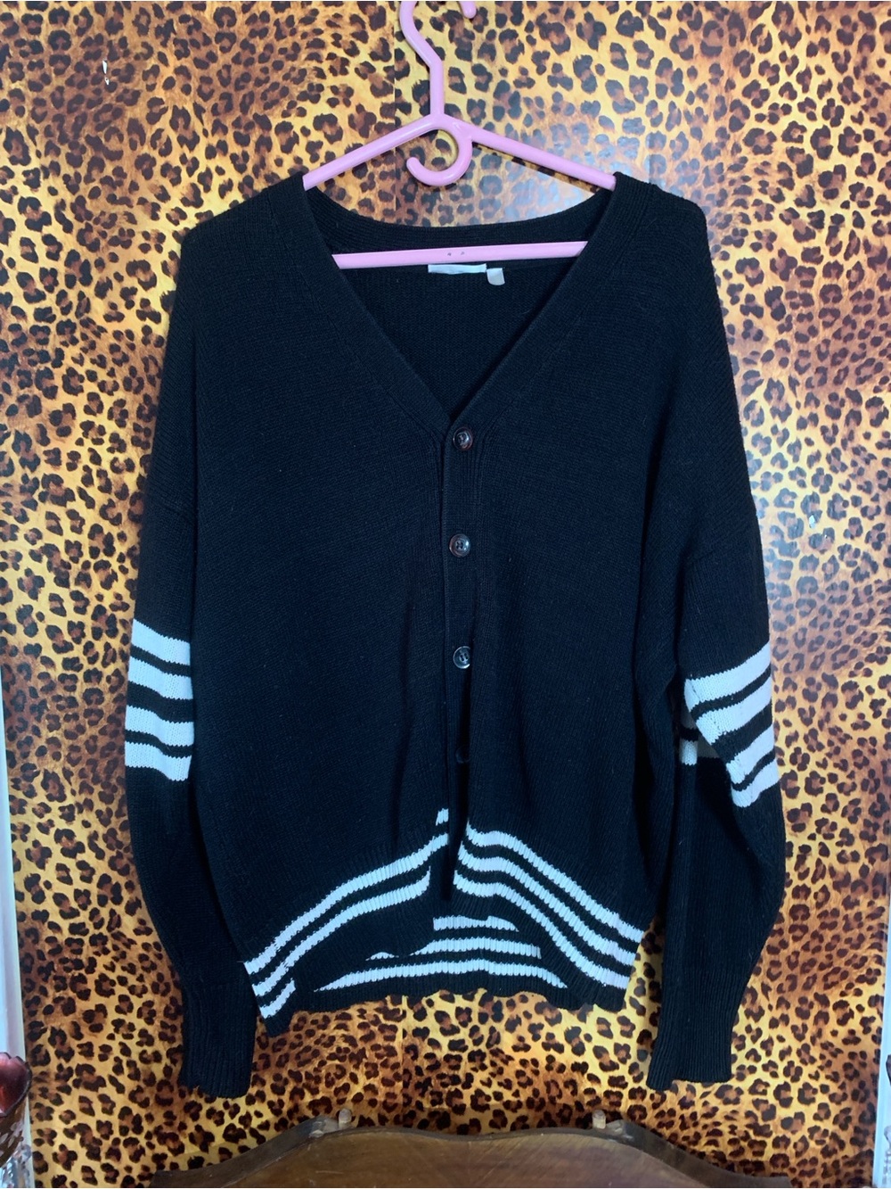 Black Cardigan with White Stripes